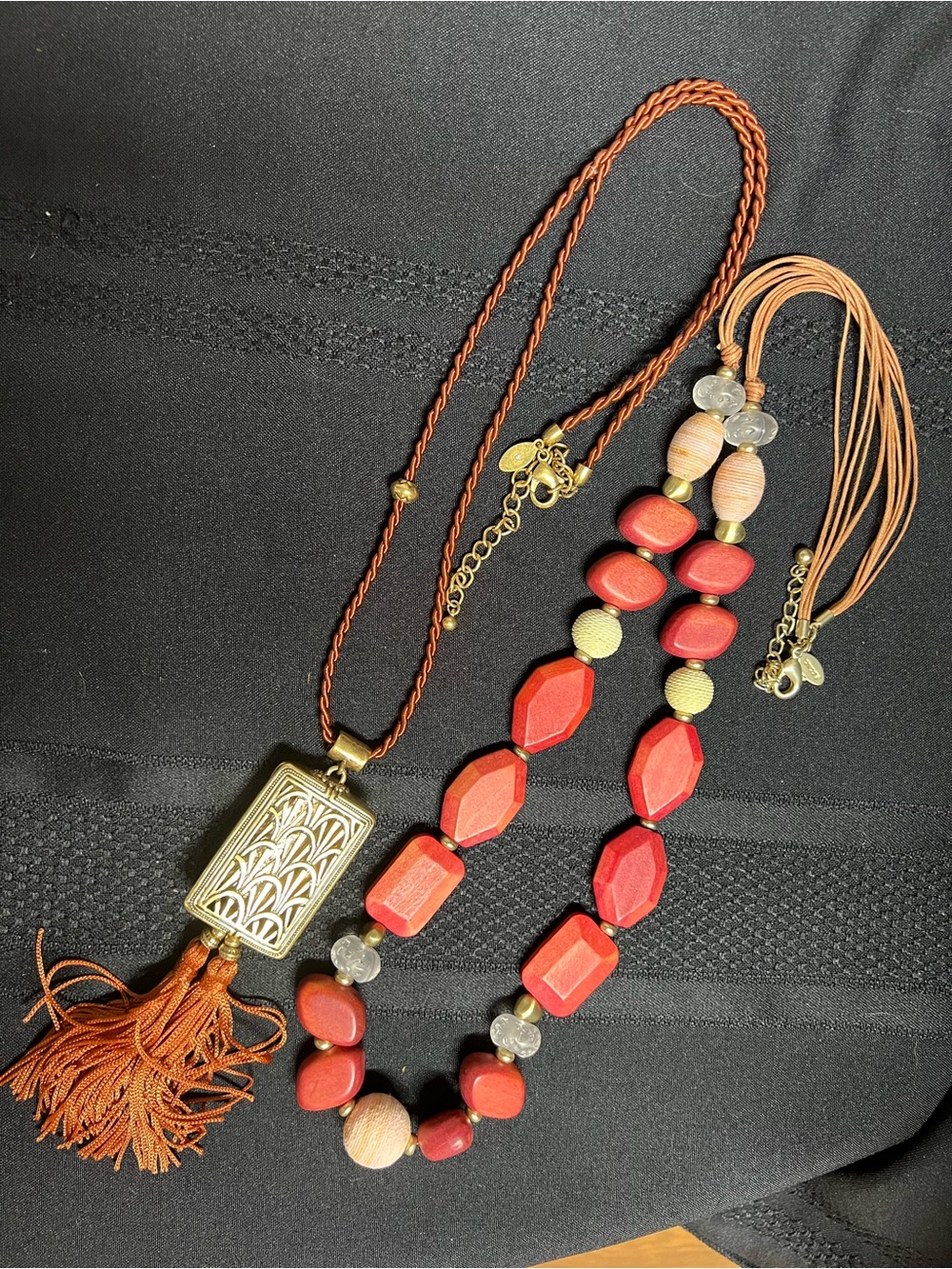 Chico's Red Bead Necklace with Gold Accent & Brown Tassel two